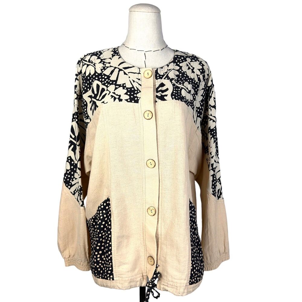 Vintage Produce Company Beige Multi‎ Pattern Print Button Front Jacket Size PL